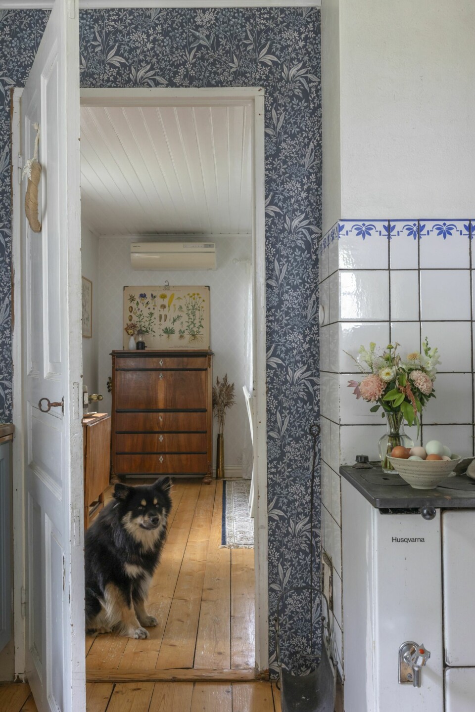 HUNDELIV: Familiens hund holder nyfikent øye med gjestene. Flisene og vedkomfyren er originale.