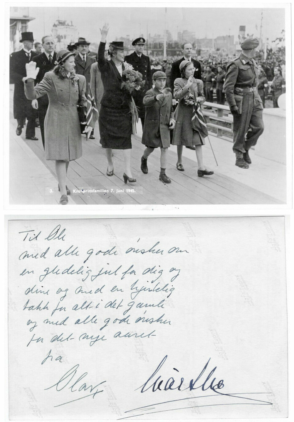 FREDSDAGENE: Jublende fremmøtte ønsket kronprinsfamilien velkommen hjem til Norge, 7. juni 1945. Fra v: prinsesse Astrid, kronprinsesse Märtha, prins Harald, prinsesse Ragnhild og kronprins Olav.