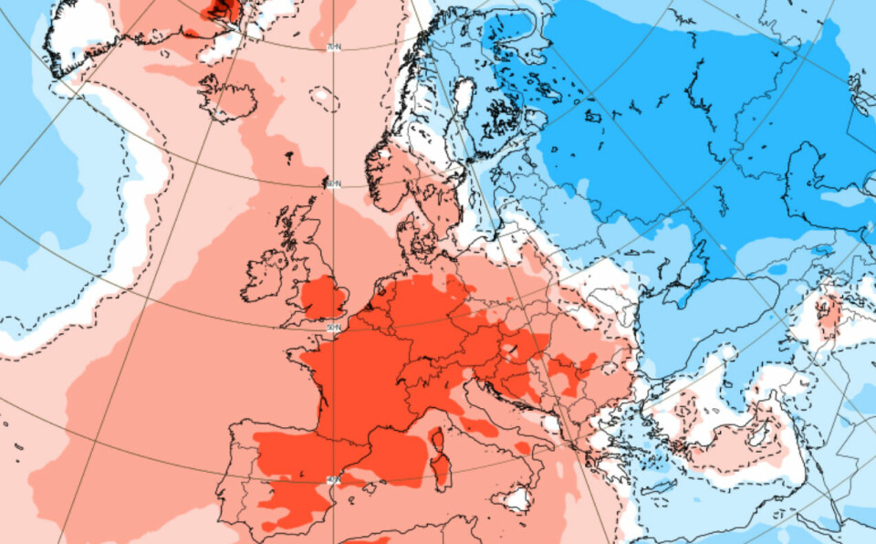 BRENNHETT SØROVER I EUROPA: Den siste temperaturprognosen fra Det europeiske senteret for langtidsvarsler (ECMWF) for siste uken i juni tyder på at det blir uvanlig varmt nedover i Europa. Trolig kan det bli enda varmere enn normalen enn dette kartet indikerer, mener Storms meteorolog.