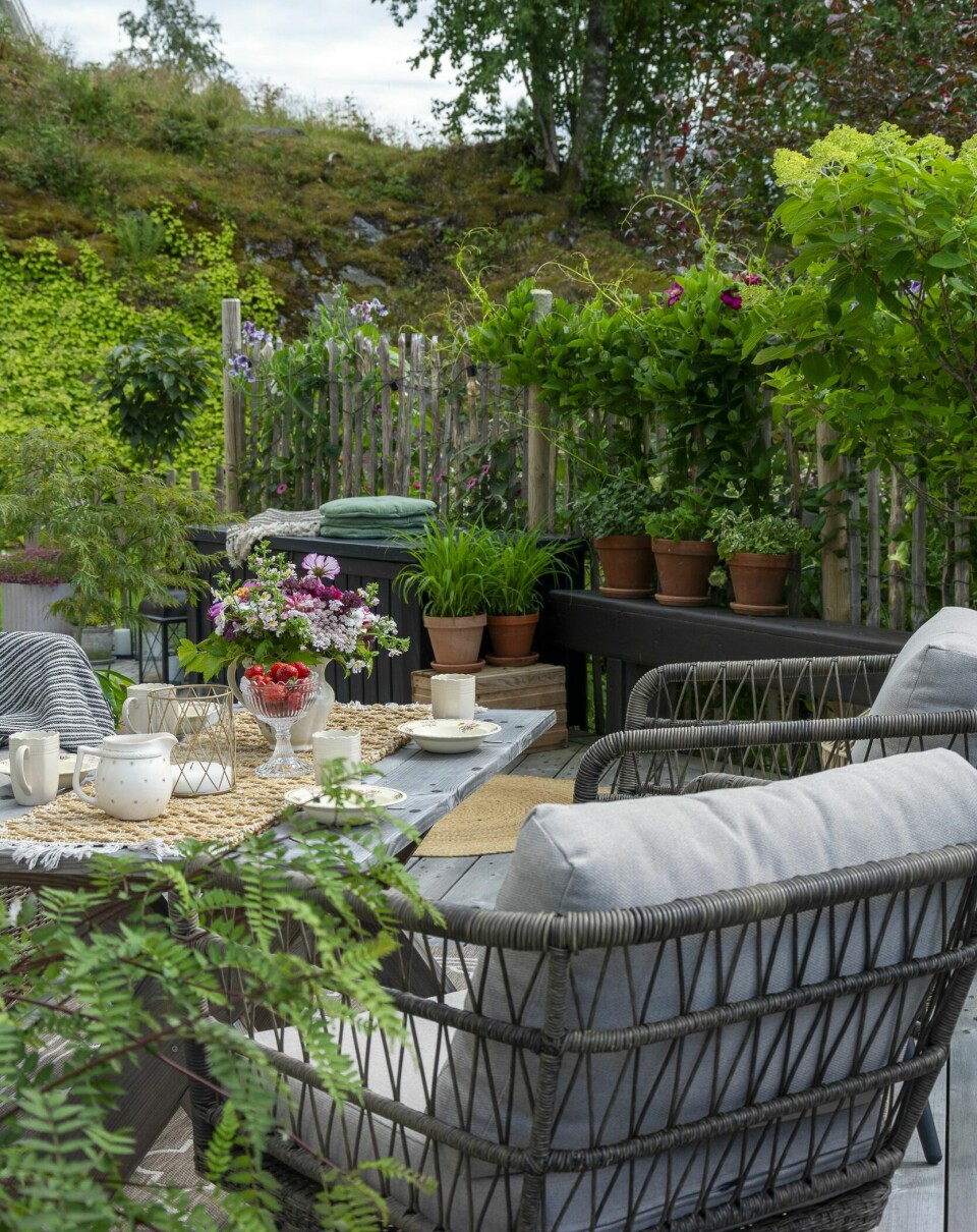 KAFFEPLASSEN: En behagelig sofa og gode stoler er plassert ved det ene hushjørnet. Her skrår terrassen inn mot hjørnet for å gjøre terrassegulvet mindre, men også for å få hagen nærmere sitteplassen.