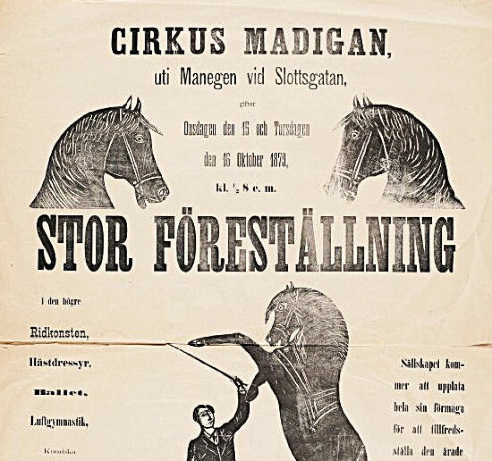 SUKSESS: Sirkus Madigan var sagnomsust og gjorde stor suksess i de største byene på slutten av 1800-tallet. Elviras stefar, John Madigan, var kjent som Europas beste hestedressør.