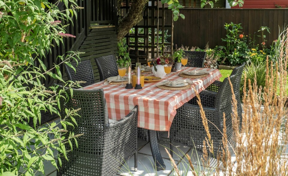 POLSKINSPIRERT: Ideen om å lage en inrammet spisesone med et epletre som fungerer som parasoll fikk paret på en reise til Warsawa.