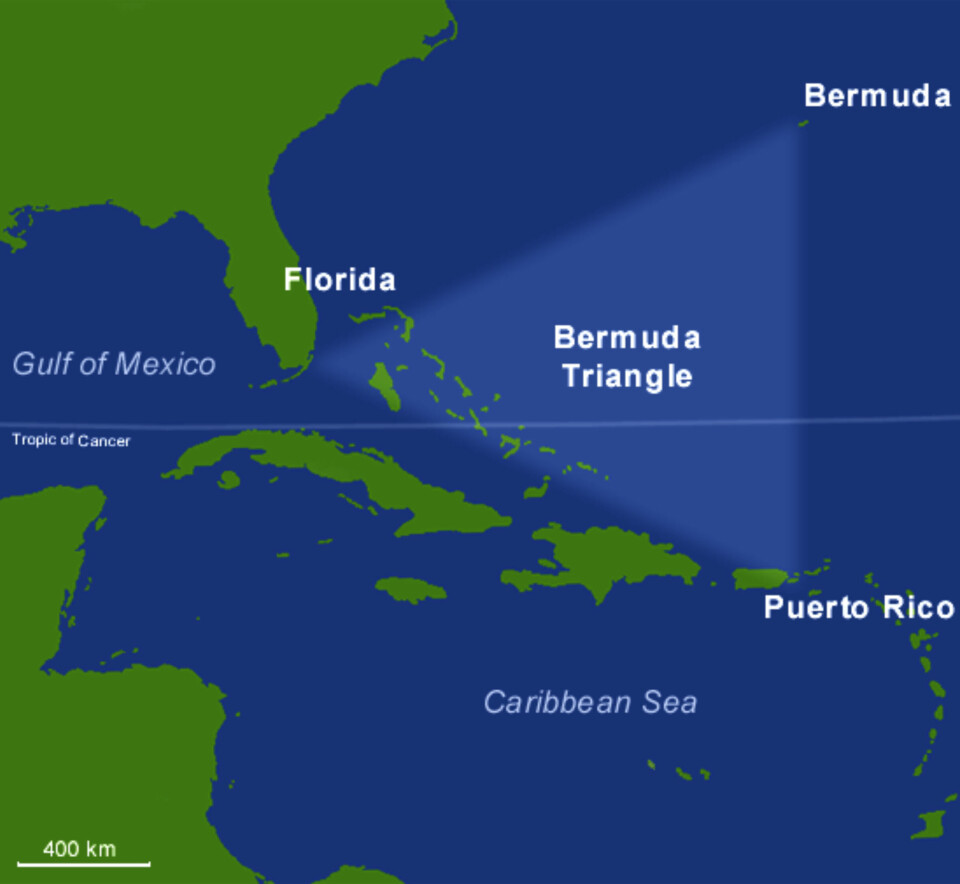 FARLIG, ELLER? Dette kartet viser Bermuda-triangelets plassering mellom Bermuda, Puerto Rico og Florida. Bermuda-triangelet er ikke oppmerket på offisielle kart.