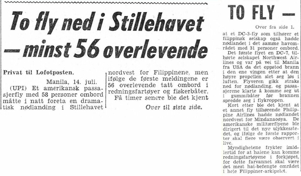 LOFOTPOSTEN: Nyhetsklipp fra Lofotposten 14. juli 1960. To fly ned i Stillehavet nesten samtidig. Mirakelet i Manilahavet nådde også lokalpressen i nord. Rykende fersk.