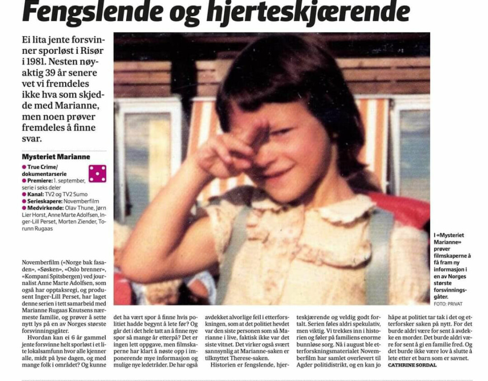 GIR ALDRI OPP: Utallige avisoppslag, TV-dokumentarer og podkaster er blitt laget om Mariannes forsvinning, uten at man er kommet noe nærmere et svar. Men mamma Torunn nekter å gi opp.