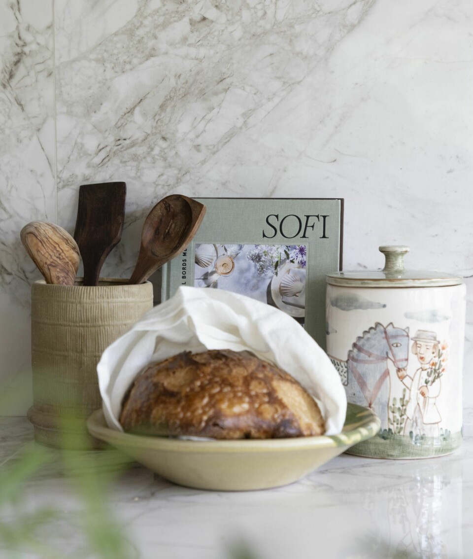 DETALJER PÅ KJØKKENBENKEN: En krukke fra Alabaster studio, blomsterpotte fra Zara Home og bok av Sofi Fahrman.