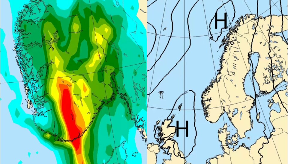 FRA ØS PØS TIL SOMMER OG SOL: Grafikken til venstre viser nedbørsmengden Sør-Norge kan vente seg mandag, men ut over i september kan sommeren gjøre fullt comeback. Kartet til høyre er en tidlig prognose for 12. september.