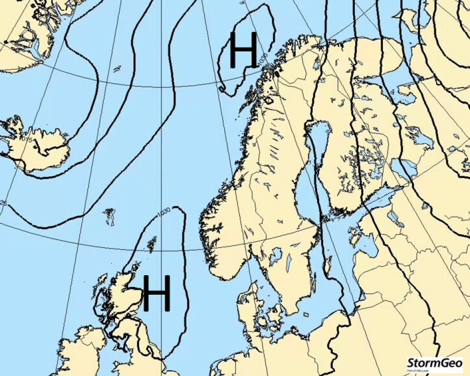 TIDLIG PROGNOSE: 12. september kan bli så fin som dette, med blå himmel eller bare tynne skyer i hele landet. Vi er ganske trygge på at det kommer et høytrykk, men mer usikre på hvor, kanskje ligger Sør-Norge litt bedre an enn Nord-Norge. Men det er ikke stor forskjell, skriver Slettebø til Klikk.no 2.	12. september kan bli så fin som dette, med blå himmel eller bare tynne skyer i hele landet. Vi er ganske trygge på at det kommer et høytrykk, men mer usikre på hvor, kanskje ligger Sør-Norge litt bedre an enn Nord-Norge. Men det er ikke stor forskjell.