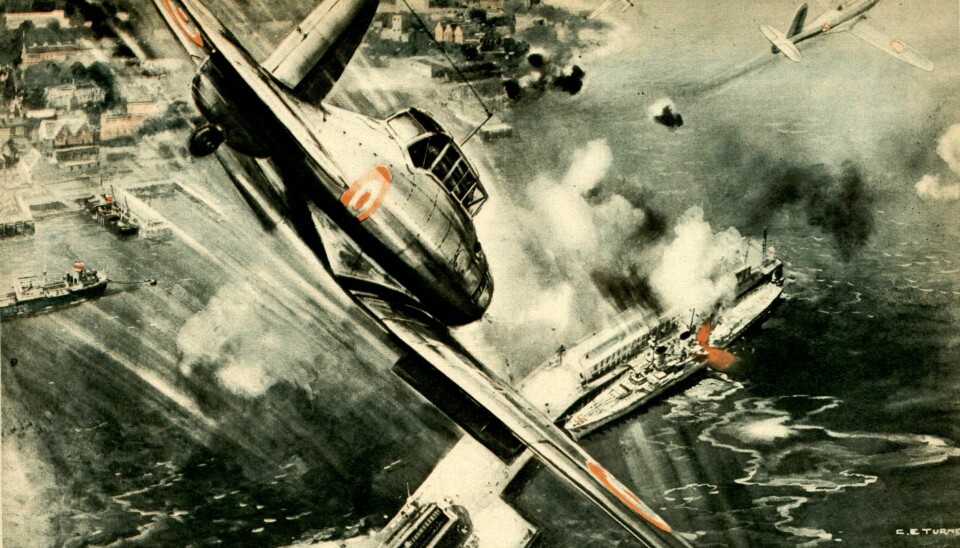 FULLTREFFER: Den kjente britiske tegner C. E. Turners rekonstruksjon av Skua-flyenes stupangrep på Königsberg i Bergen i aprildagene 1940. Bestilt av Vi Menn.