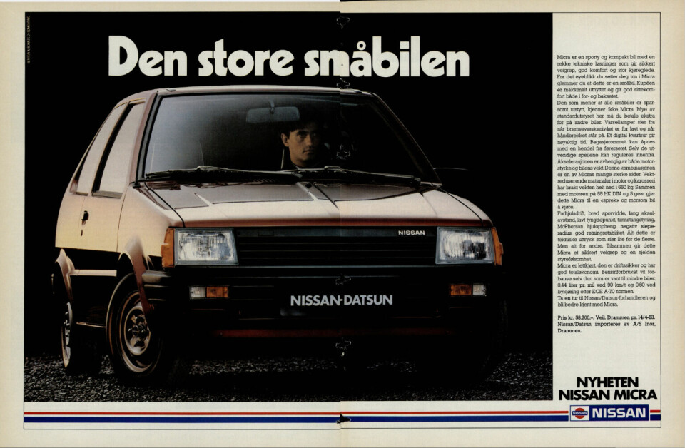 1983: Annonse i Vi Menn i juni 1983, lanseingsåret for Nissan Micra.