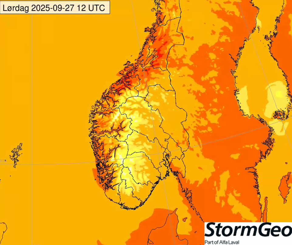 HØSTVARME: Temperaturkart for Sør-Norge for førstkommende lørdag kl. 14 lokal tid. Her er lys oransje farge: 12-15 grader, mørk oransje: 15-18 grader og rød: 18-20 grader.