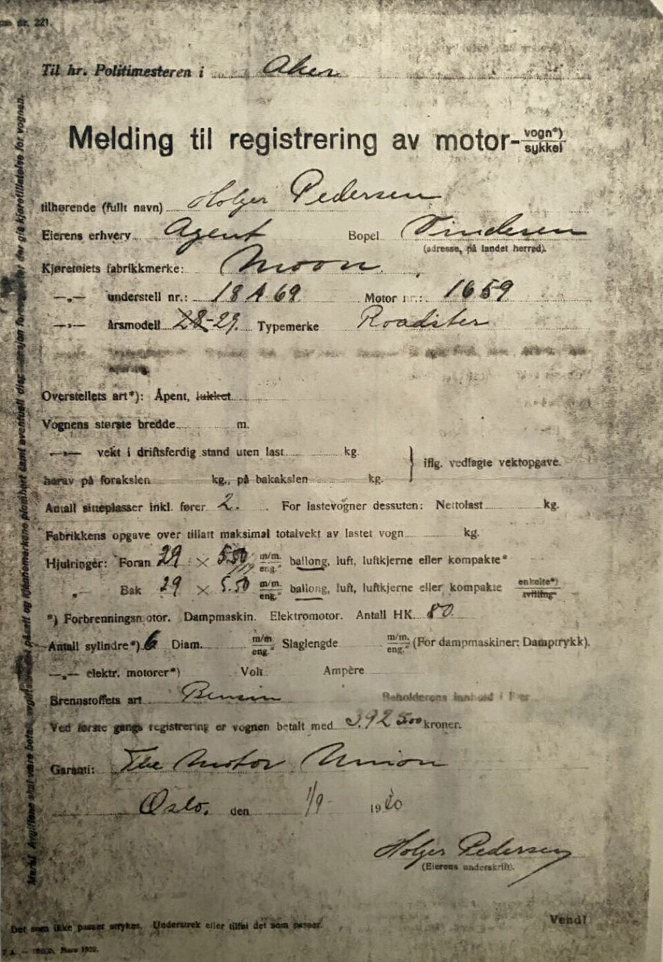 REGISTRERING: Her er det første registreringsdokumentet da bilen ble registrert på Holger Pedersen i 1930.