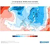 ECMWF-kart som viser ukentlige avvik i 2 m temperatur over Europa med blå og røde soner.