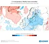 ECMWF-kart som viser ukentlige avvik i 2 m temperatur over Europa med blå og røde felter.