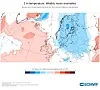 ECMWF-kart som viser ukentlige temperaturavvik i Europa med blå og røde soner.