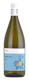 Flaske med Frey Riesling hvitvin med blå og hvit etikett