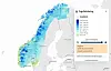 Snødybdekart over Norge med fargekoder og tegnforklaring til høyre