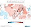 ECMWF-kart som viser ukentlige temperaturavvik i Europa med hovedsakelig røde felt