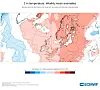 ECMWF-kart over ukentlige avvik i 2 m temperatur i Europa med røde og blå områder.