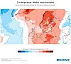 ECMWF-kart som viser ukentlige temperaturavvik i Europa med røde og blå soner.