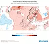 ECMWF-kart som viser ukentlige temperaturavvik i Europa med dominerende røde felt