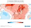 ECMWF-kart som viser ukentlige temperaturavvik med røde felt over Nord-Europa