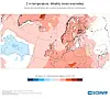 ECMWF-kart som viser ukentlige temperaturavvik i Europa med overveiende røde felt.