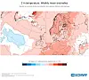 ECMWF-kart som viser ukentlige middelavvik i 2 m temperatur over Europa med røde og blå felter.