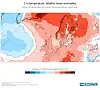 ECMWF-kart som viser ukentlige temperaturavvik ved 2 meter over Europa med rød og blå fargeskala.