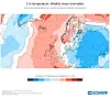 ECMWF-kart som viser ukentlige temperaturavvik i Europa med røde og blå felt.