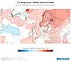 ECMWF-kart som viser ukentlige 2 m temperaturavvik over Europa i ulike røde og blå nyanser.