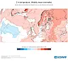 ECMWF-kart over ukentlige temperaturavvik i Europa med mest røde, varme områder.