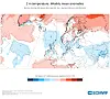 ECMWF-kart som viser ukentlige temperaturavvik i Europa med røde og blå områder.