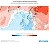 ECMWF-kart som viser ukentlige temperaturavvik i Europa med røde og blå felt.