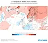 ECMWF-kart som viser ukentlige temperaturavvik i Europa med røde og blå fargefelt.