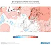 ECMWF-kart som viser ukentlige temperaturavvik i Europa med røde og blå fargefelt.