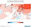 ECMWF-kart som viser ukentlige avvik i 2 m temperatur over Europa med røde og blå felter.