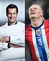 Delt portrett av to menn, en i hvit skjorte og en i rød, hvit og blå sportsdrakt.