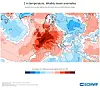 Fargekart over Europa som viser ukentlige temperaturanomalier med røde og blå soner.