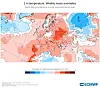 ECMWF-kart med ukentlige temperaturavvik i Europa i rødt og blått.