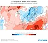 Et temperaturkart over Europa med røde og blå avvik og ECMWF-logo nederst til høyre.