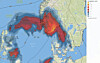 Kart med røde og blå soner, overlappende områder og fargeskala til høyre.