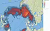 Kart med røde og blå soner, overlappende områder og fargeskala til høyre.