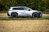 Hvit elektrisk SUV parkert ved et jordet med grønn hekk i bakgrunnen.