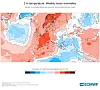 Kart fra ECMWF som viser ukentlige temperaturavvik over Europa, med røde og blå fargefelt.