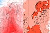 To værkart med røde felt som viser varslede temperaturavvik over Norge og Europa.