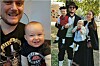 Bildemontasje av en mann med baby innendørs og tre voksne med små barn i en hage.