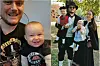 Bildemontasje av en mann med baby innendørs og tre voksne med små barn i en hage.