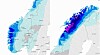 To kart over Norge med blå og lilla felt som viser områder med kraftig nedbør.