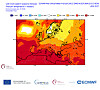 Kart fra Copernicus og ECMWF med røde og gule farger som viser temperaturavvik over Europa.